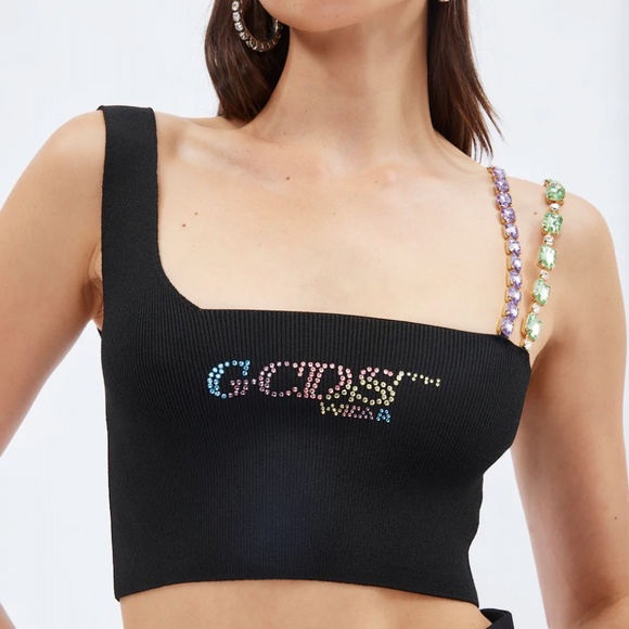 GCDS Tops - GCDS Black Crystal Bling Rhinestone Logo Crop Top sz S